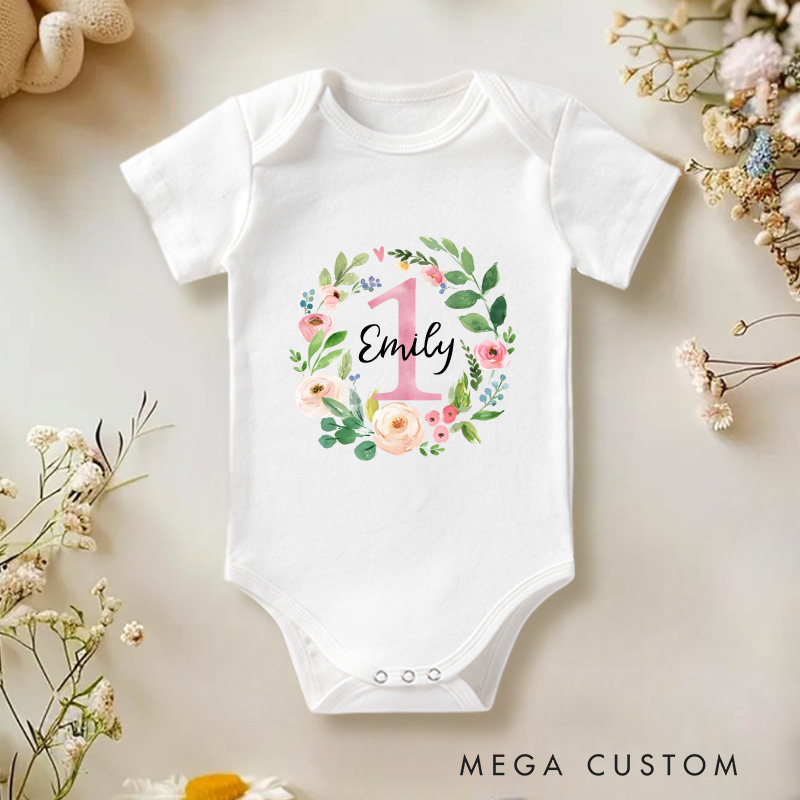 Personalized First Birthday Baby Onesie with Your Name Floral Birthday Gift Newborn Gift