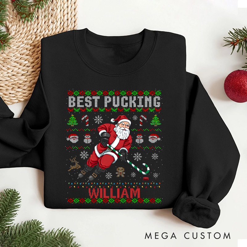 Personalized "Best Pucking" Hockey Christmas Sweater with Custom Name