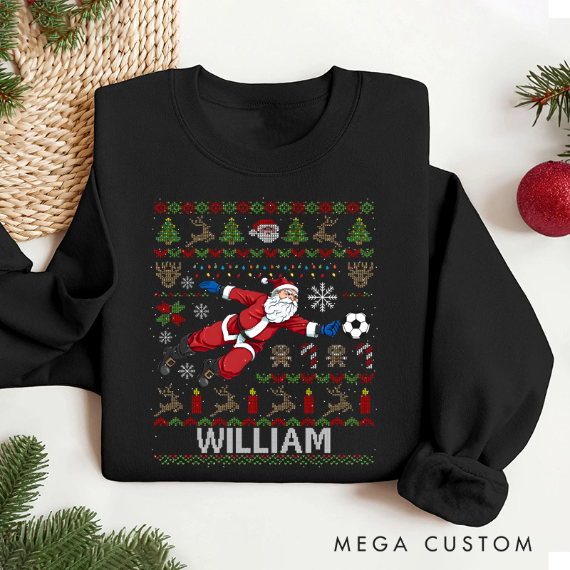 Personalized Soccer Christmas Sweater with Santa Design and Custom Name
