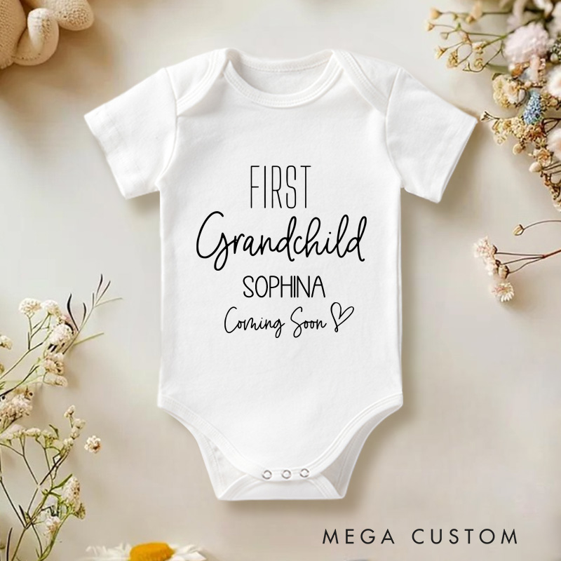 Personalized First Grandchild Coming Soon Baby Onesie Grandparents Pregnancy Announcement Gift