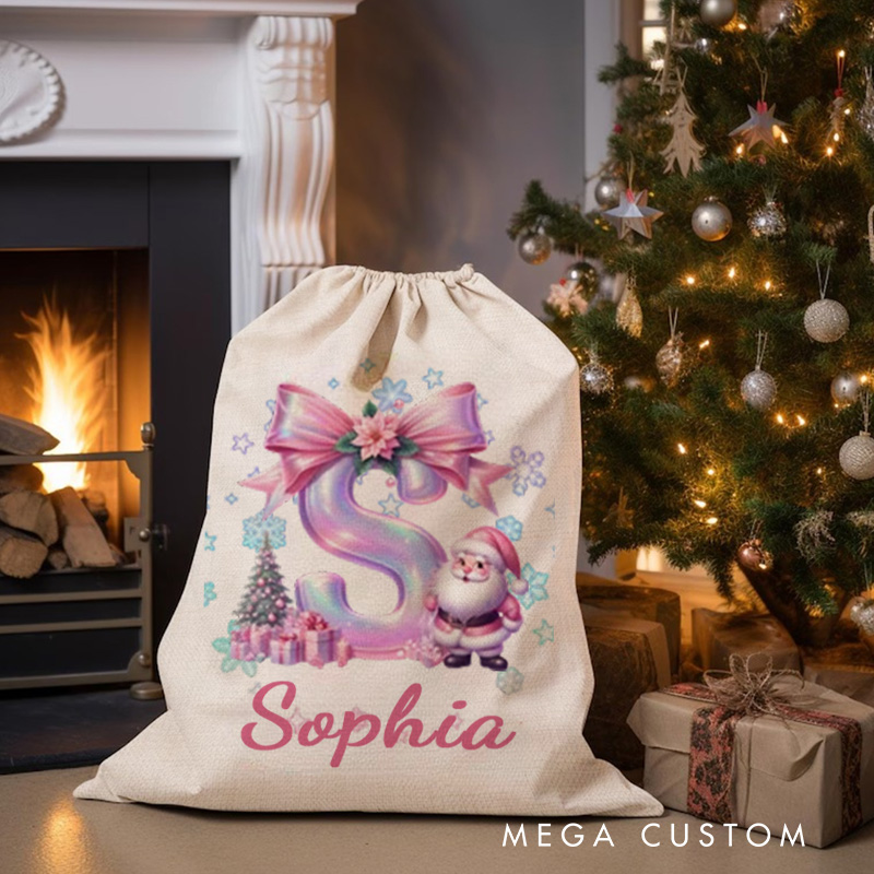 Personalized Christmas Cartoon Character Christmas Sack with Glitter Pink Bow Initial and Name Christmas Gift