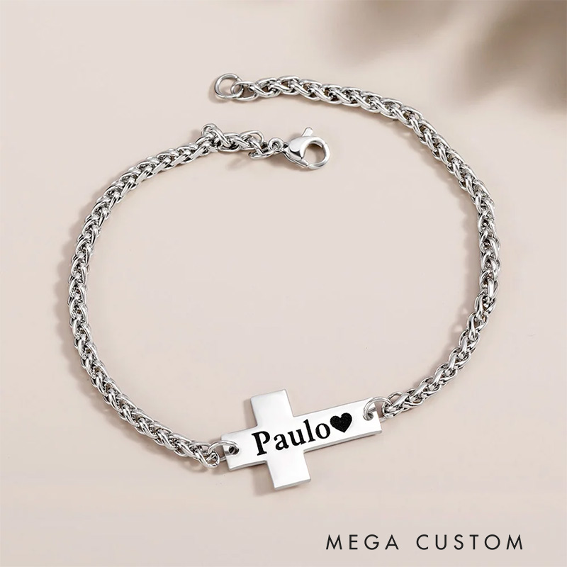 Personalized Cross Pendant Bracelet with Engraved Text Religious Jewelry Baptism Prayer Birthday Gift for Christians