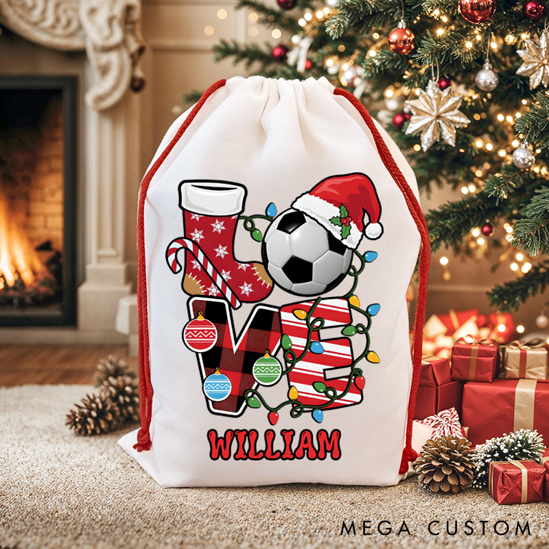 Personalized Christmas Sack with Soccer "LOVE" Design and Custom Name