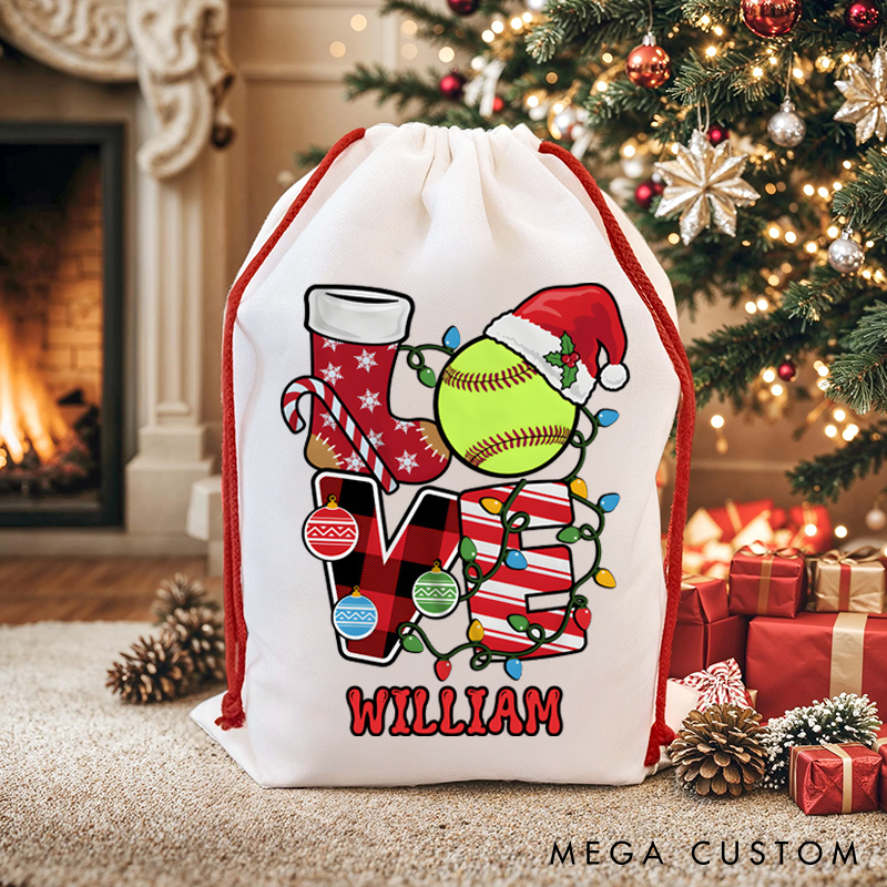 Personalized Christmas Sack with Softball "LOVE" Design and Custom Name