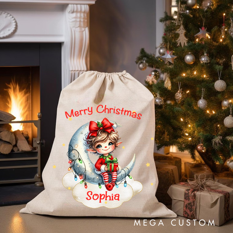 Personalized Dreamy Christmas Elf Moon Cloud Christmas Bag Name and Christmas Gift for Baby Kid