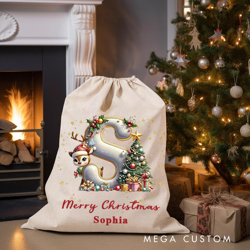 Personalized Initial Christmas Bag with Festive Tree and Reindeer Design Featuring Name for Holiday Fun