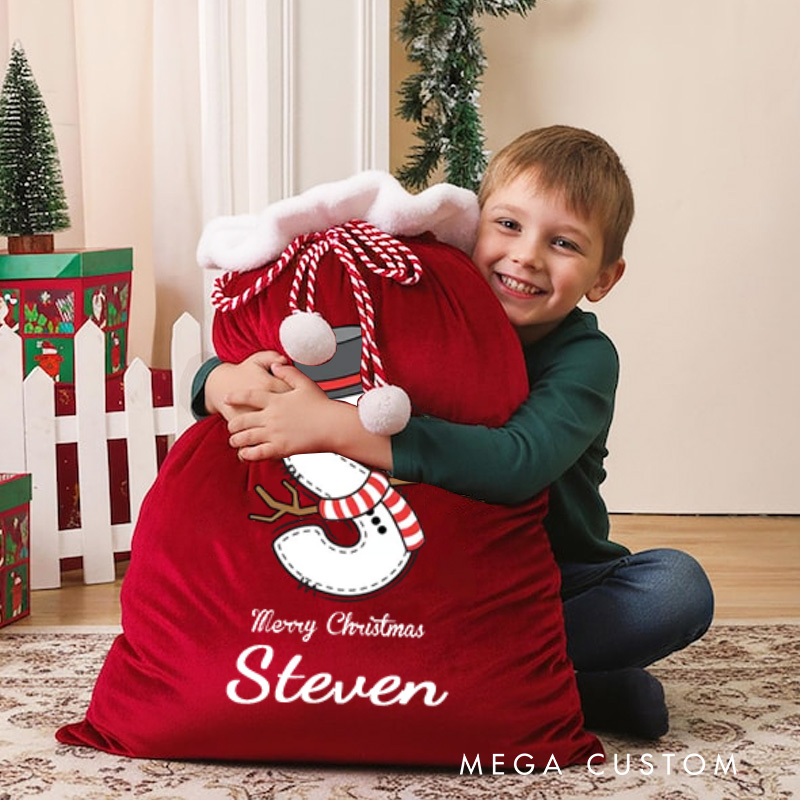 Personalized Cartoon Snowman Initial Santa Sack Drawstring Gift Bag with Name Merry Christmas Party Favor
