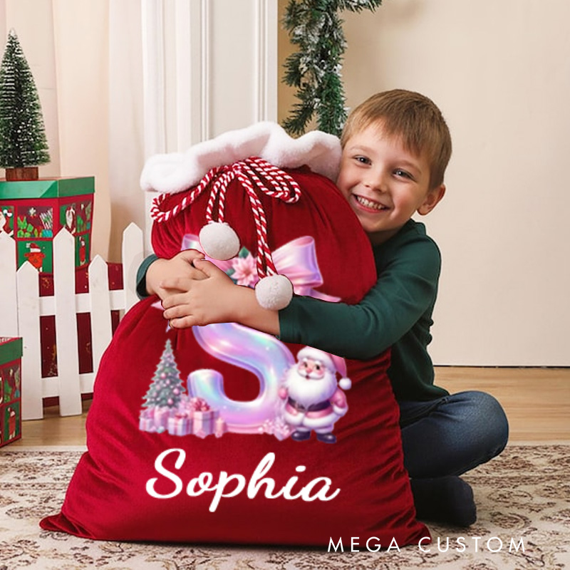 Personalized Christmas Cartoon Character Christmas Sack with Glitter Pink Bow Initial and Name Christmas Gifts