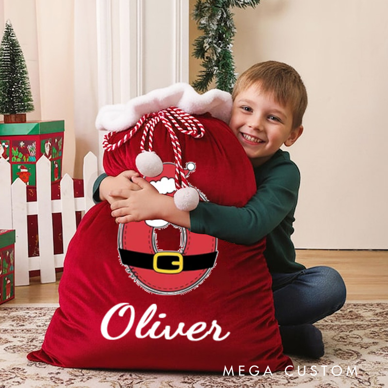 Personalized Cartoon Initial Santa Sack Drawstring Gifts Bag with Name Merry Christmas Party Favors
