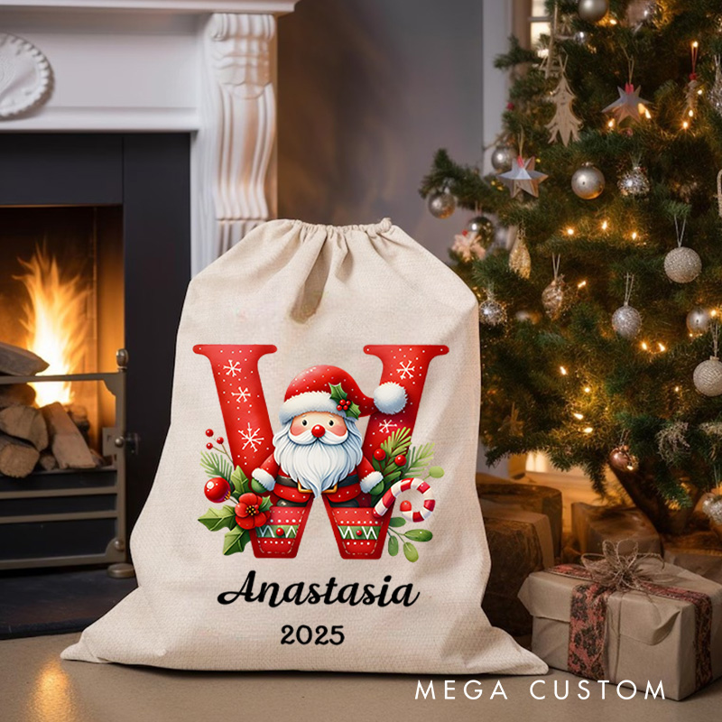 Personalized Santa and Candy Cane Christmas Bag with Initial and Name for a Festive Holiday Season
