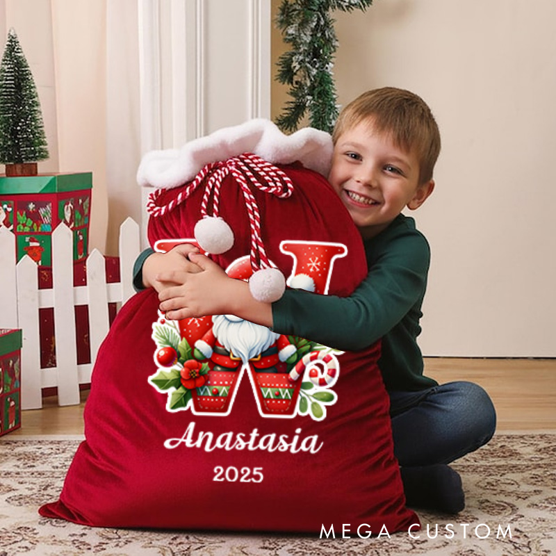 Personalized Colorful Initial Christmas Bag with Santa and Name for a Merry Holiday Experience
