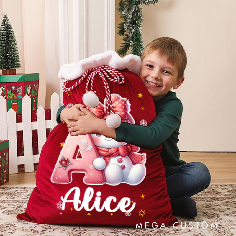Personalized Cute Cartoon Santa Hat Snowman Initial Drawstring Gift Bag with Name Christmas Gift 
