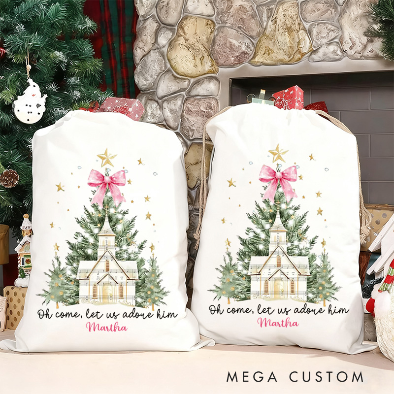 Personalized Oh Come Let Us Adore Him Canvas Drawstring Gift Bag with Name Coquette Bow Christmas Tree Lights Party Favor Bag Christmas Christian Gift