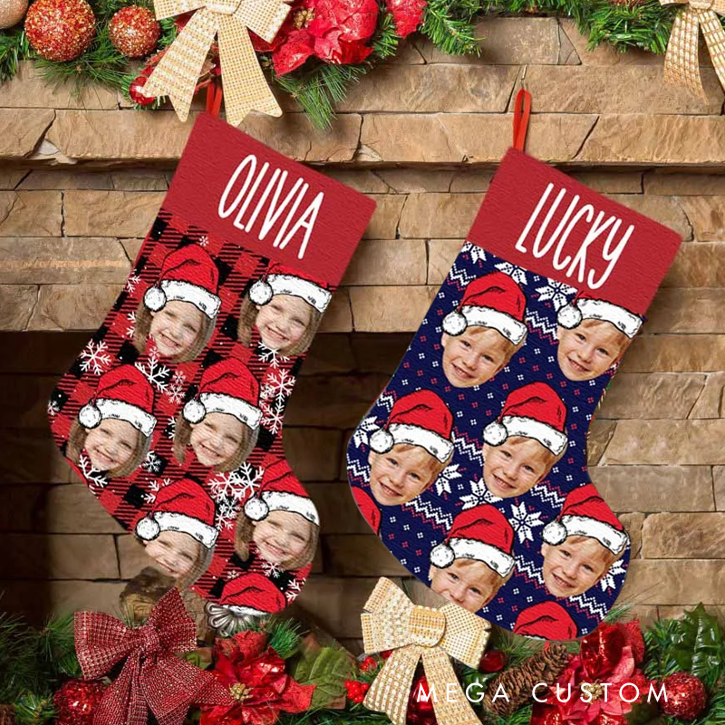 Personalized Santa Hat Face Photo Christmas Stocking with Name Fireplace Tree Hanging Festival Decor Gift