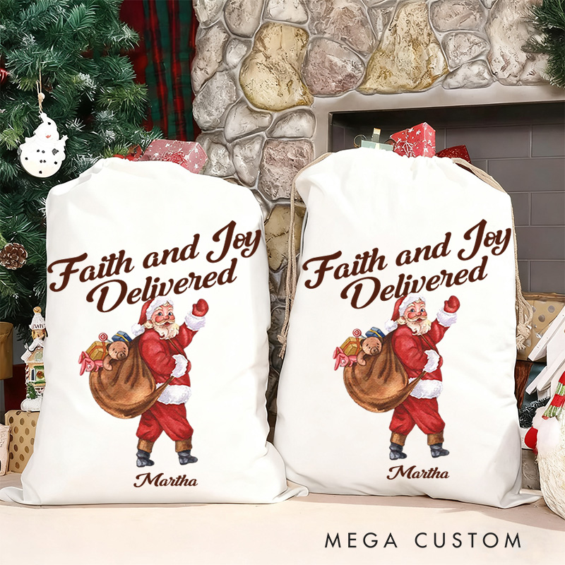 Personalized Faith and Joy Delivered Canvas Drawstring Gift Bag with Name Santa Claus Party Favor Bag Christmas Gift for Christian