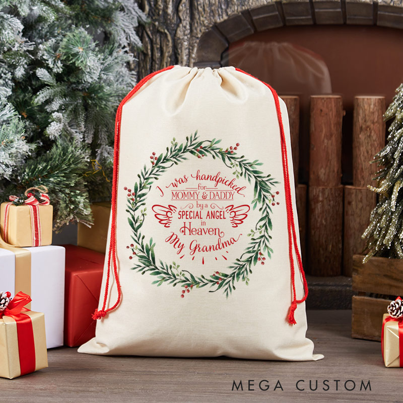 Personalized Baby Christmas Santa Sack Hand Picked for Earth by My Great Grandma in Heaven Santa Sack Heaven Sent Baby Gift Baby Shower Gift New Baby
