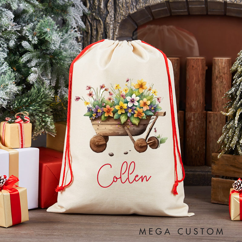 Personalized Christmas Gift Sack Garden Favor Bags Wheelbarrow Floral Design Christmas Gifts