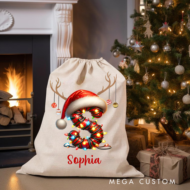 Personalized Santa Hat Initial Christmas Bag with Festive Lights and Name for Holiday Fun