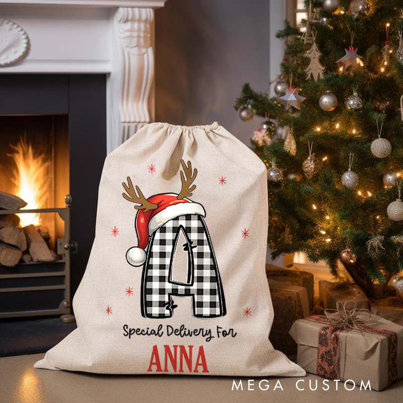 Personalized Plaid Initial Christmas Bag with Reindeer Antlers and Name for a Special Holiday Delivery