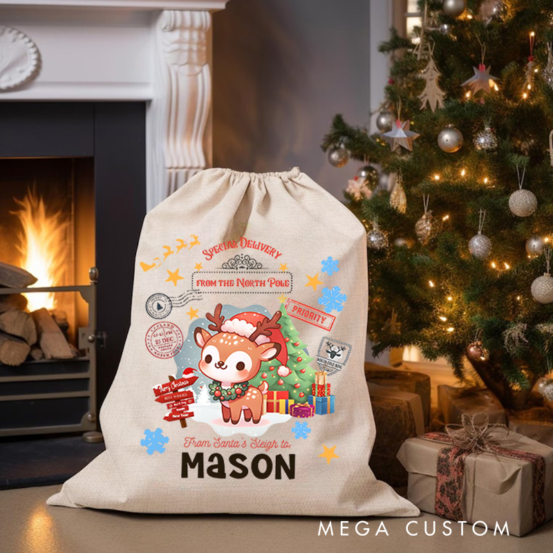 Personalized Deer and Snowflakes Christmas Bag with Name for a Festive and Joyful Celebration