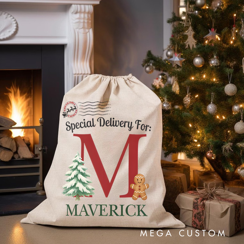 Personalized Festive Initial Christmas Bag with Gingerbread and Tree Featuring Name for a Special Delivery