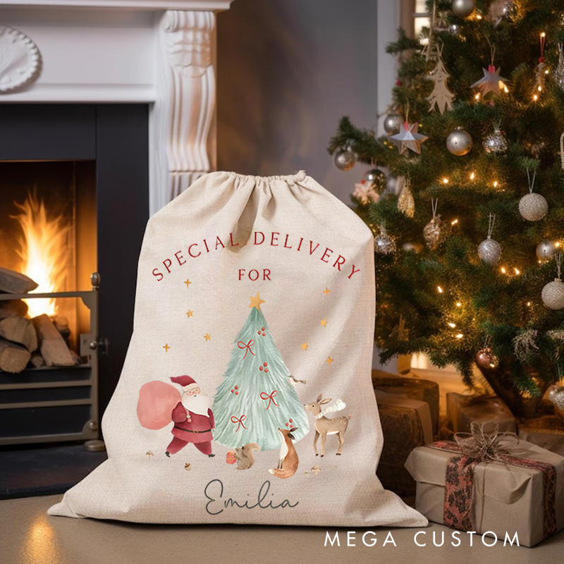 Personalized Santa and Reindeer Christmas Bag with Special Delivery Message and Name for a Magical Holiday