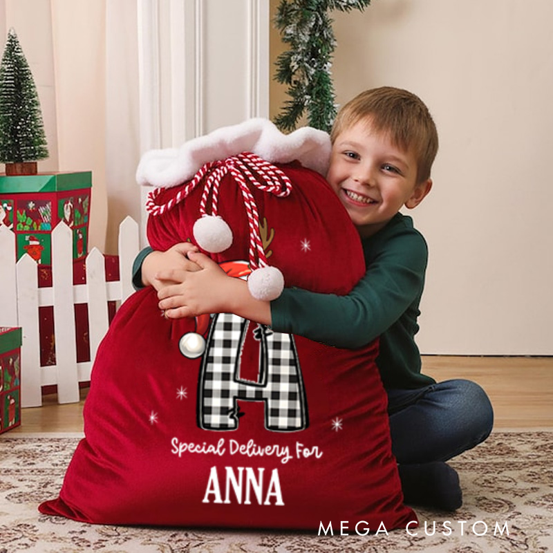 Personalized Plaid Initial Christmas Bag with Reindeer Antlers and Name for a Special Holiday Delivery Gift for Kids Baby