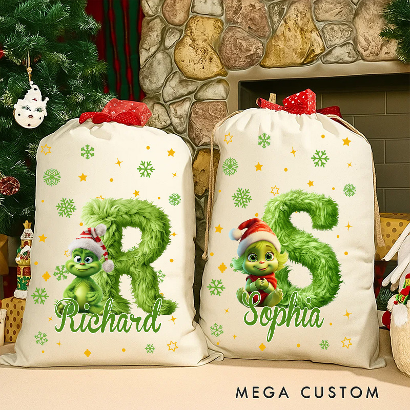 Personalized Cartoon Monster Alphabet Christmas Sack for Space Movie Lovers Santa Sack Christmas Gift Bag for Kids