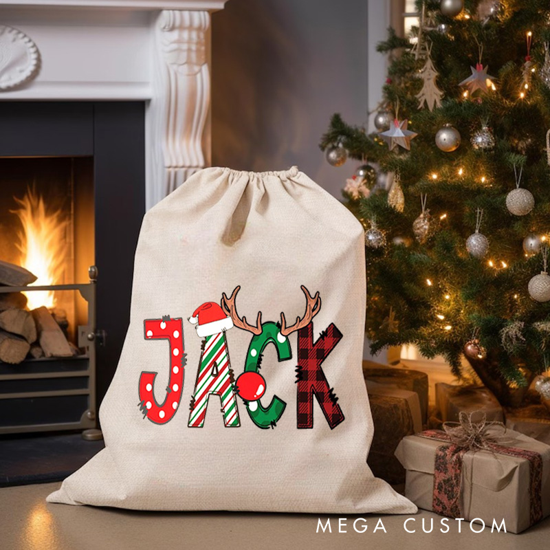 Personalized Festive Name Christmas Bag with Santa Hat and Reindeer Antlers for Holiday Cheer
