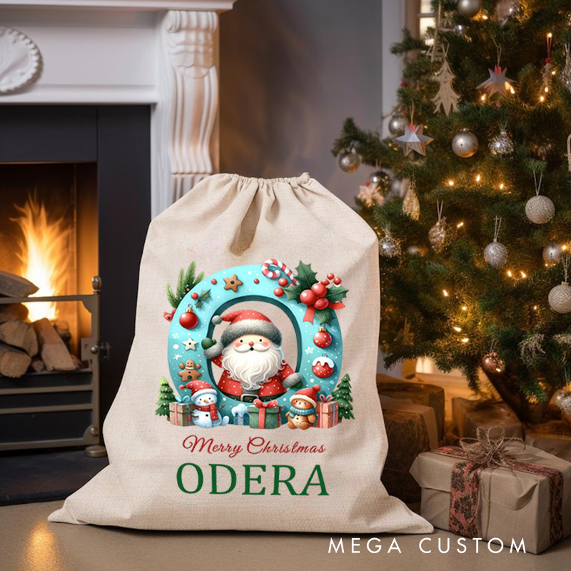 Personalized Santa Initial Christmas Bag with Festive Ornaments and Name for a Merry Celebration