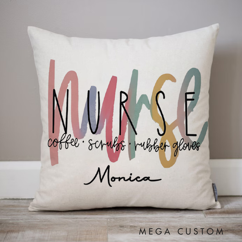 Personalized Throw Pillow for Nurse Essentials Coffee Scrubs Rubber Gloves Design Nurse Appreciation Gifts