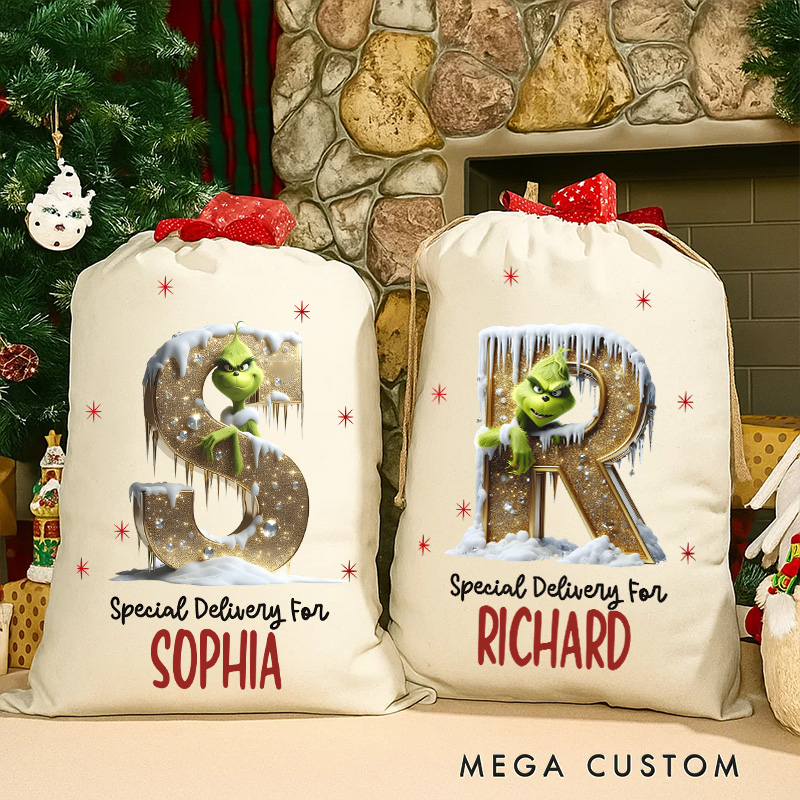 Personalized Golden Glitter Monster Alphabet Christmas Sack for Classic Movie Lovers Santa Sack Christmas Gift Bag for Kids