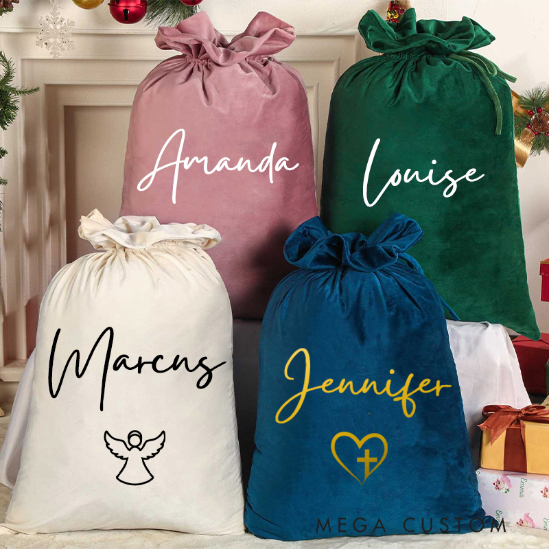 Personalized Faith Velvet Drawstring Santa Sack Christmas Gift Bag with Glitter Name Home Decor Christmas Party Supplies Christmas Gift for Christian