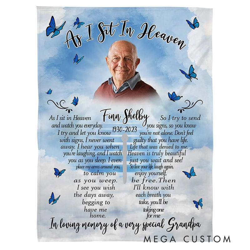 Personalized Memorial Photo Blanket As I Sit In Heaven Memorial Blanket Sympathy Gift for Loss of Loved One