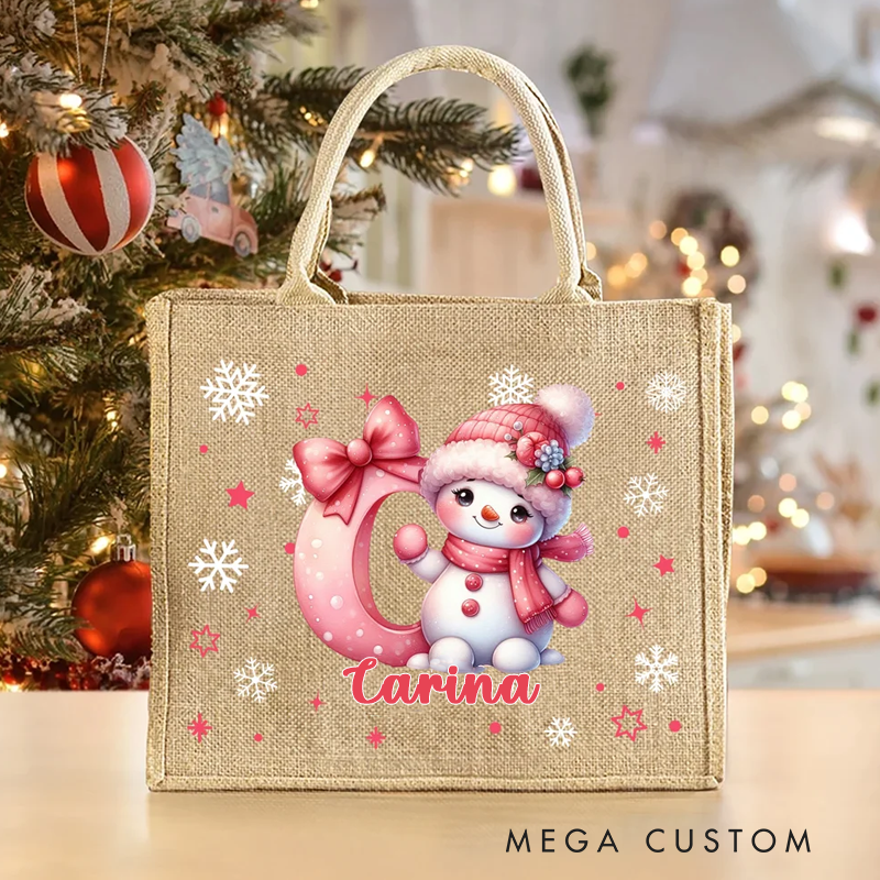 Personalized Cartoon Santa Hat Snowman Bow Initial Jute Tote Bag with Name Birthday Christmas Gift