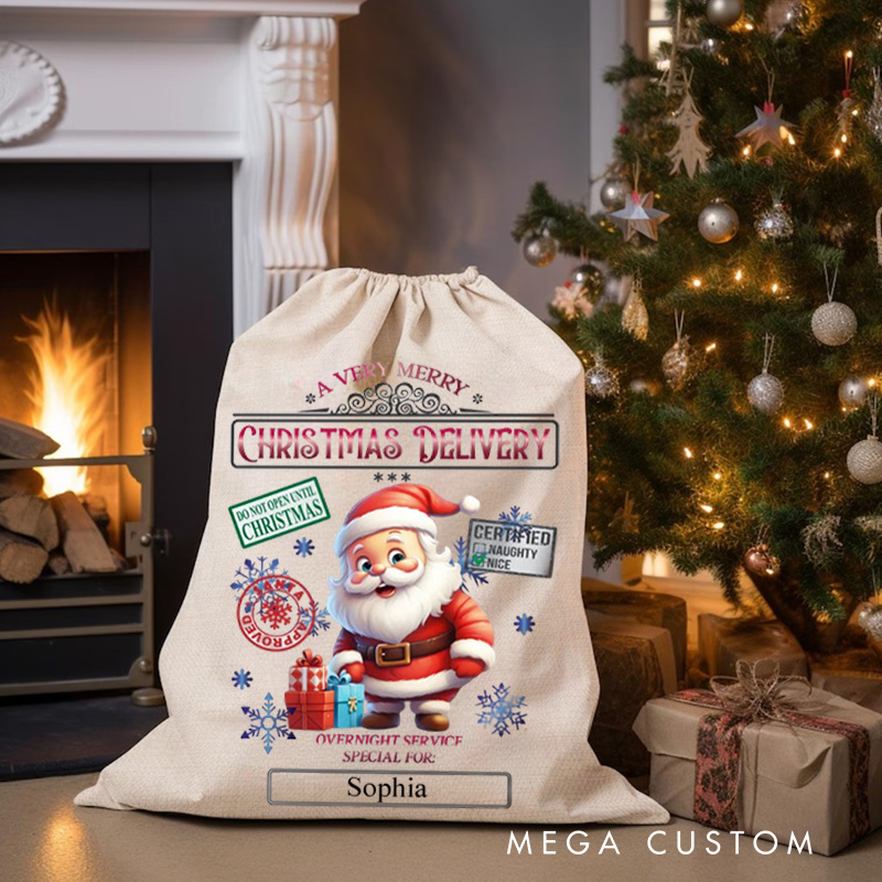 Personalized Santa Express Delivery Christmas Bag with Festive Stamps and Name for a Magical Holiday Gift