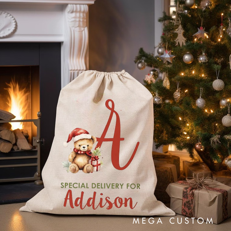 Personalized Teddy Initial Christmas Bag with Santa Hat and Name for a Special Holiday Delivery