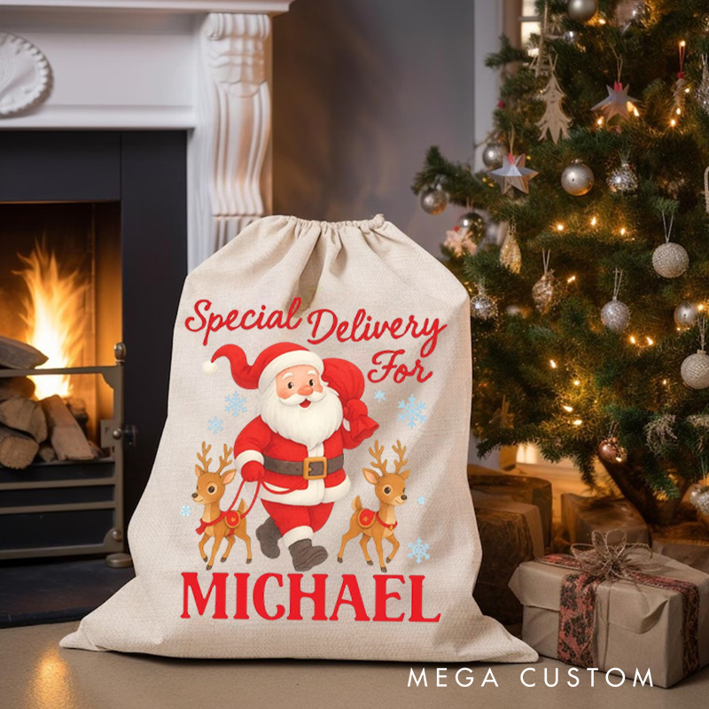 Personalized Santa and Reindeer Christmas Bag with Special Delivery Message and Name for a Festive Holiday