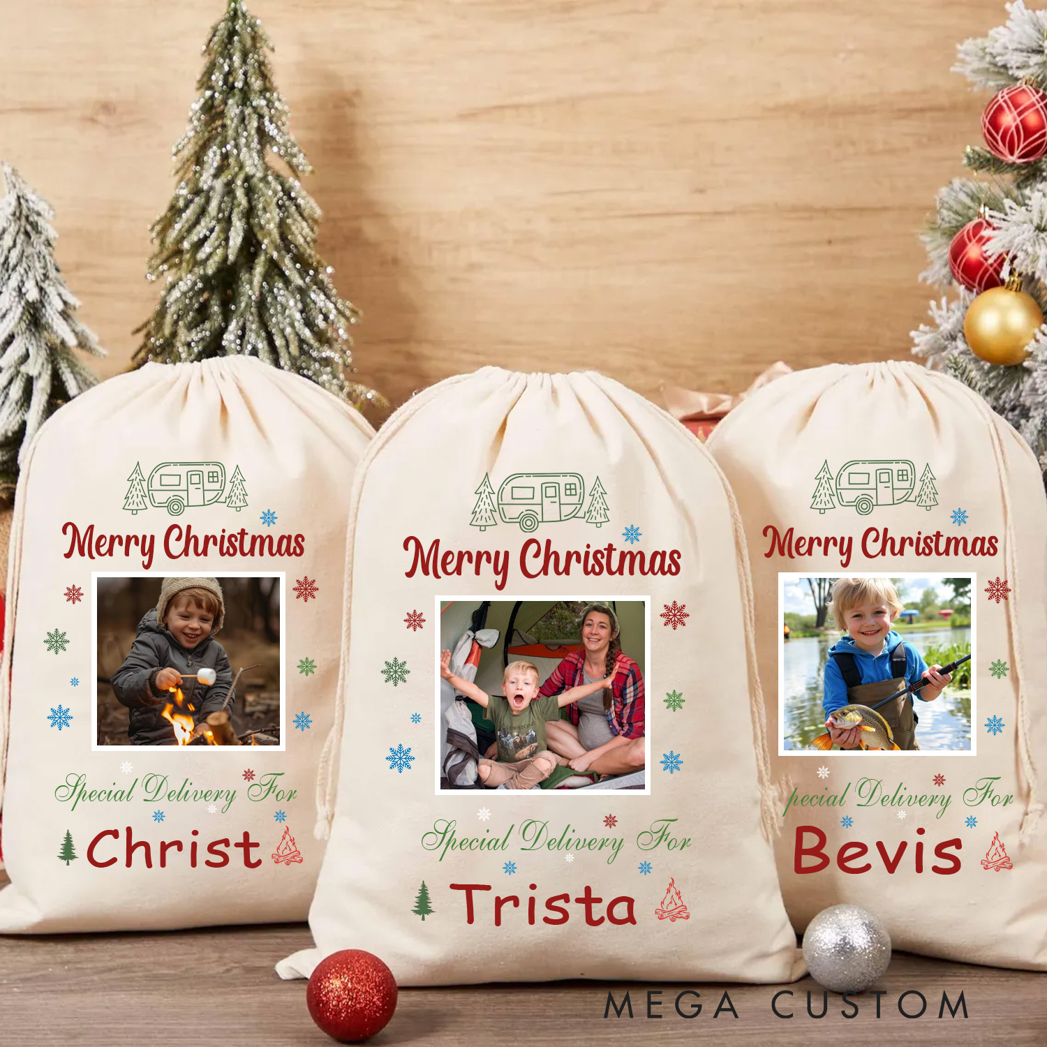 Personalised Camper Photo Collage Christmas Sack Custom Camping Enthusiast Gift for Kid Him Her
