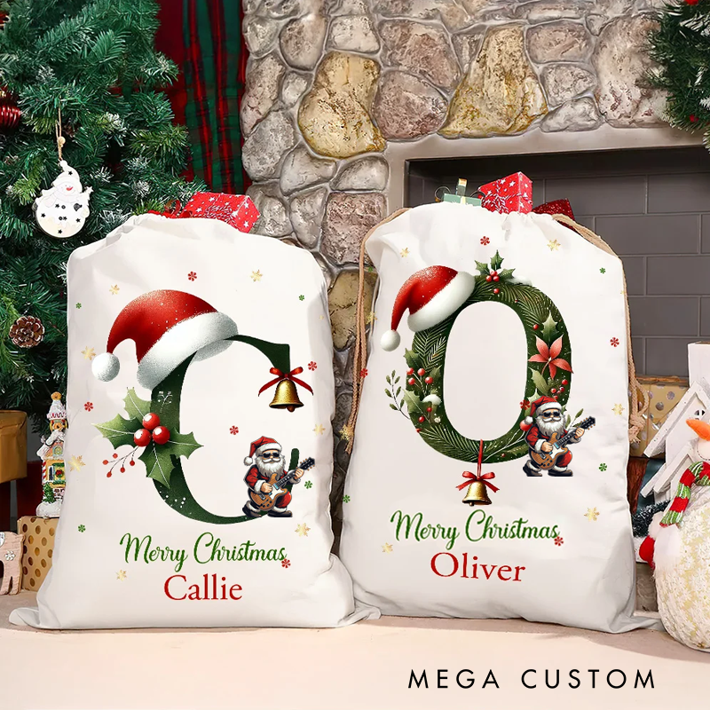 Personalized Music Lover Bell Santa Hat Initial Drawstring Canvas Gift Bag with Name Christmas Party Gift Christmas Sack