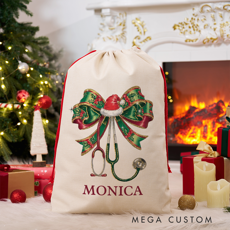 Personalized Nurse Christmas Gift Sack Custom Santa Bag with Stethoscope Christmas Gift