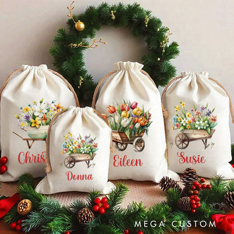 Personalized Christmas Gift Sack with Name Garden Favor Bags Wheelbarrow Floral Design Christmas Gifts