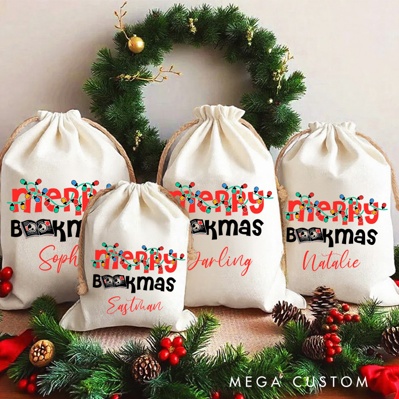 Personalized Merry Bookmas Christmas Bag with Name Merry Christmas Santa Sack Library Santa Sack for Book Lover Christmas Gift