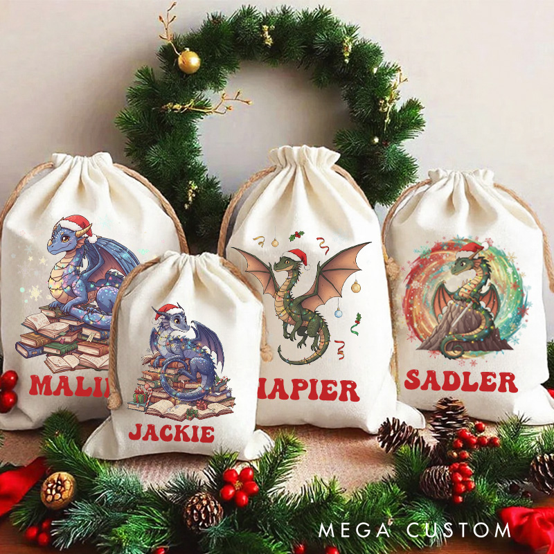 Personalized Dragon and Book Christmas Bag with Name Librarian Santa Sack Bookworm Christmas Sack for Fantasy Book Lovers Christmas Gift