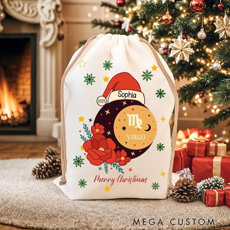 Personalized Zodiac Sign Floral and Name Canvas Gift Bag With Name Christmas Party Gift Christmas Sack Floral Star Sign Zodiac Birth Month Gift