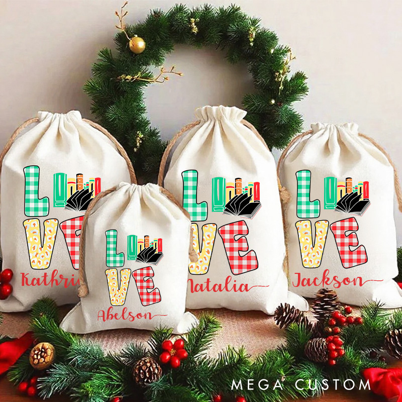 Personalized Love Christmas Bag with Name Librarian Santa Sack Bookworm Christmas Sack for Book Lovers Christmas Gift