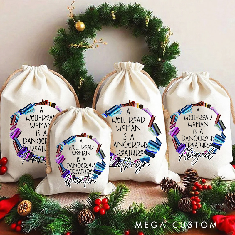 Personalized a Well Read Woman Christmas Bag with Name Bookish Santa Sack Gift Wrap Bag for Holiday Season Book Lover Christmas Gift
