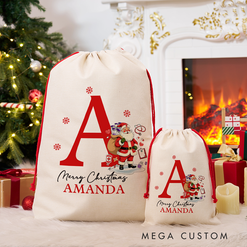 Personalized Christmas Nurse Gift Sack with Initial Name Custom Santa Bag Christmas Gift