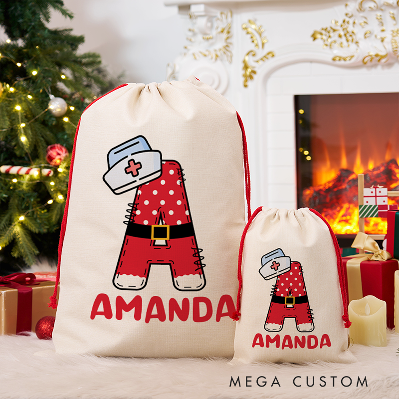 Personalized Nurse Santa Sack Custom Initial Christmas Gift Bag with Name