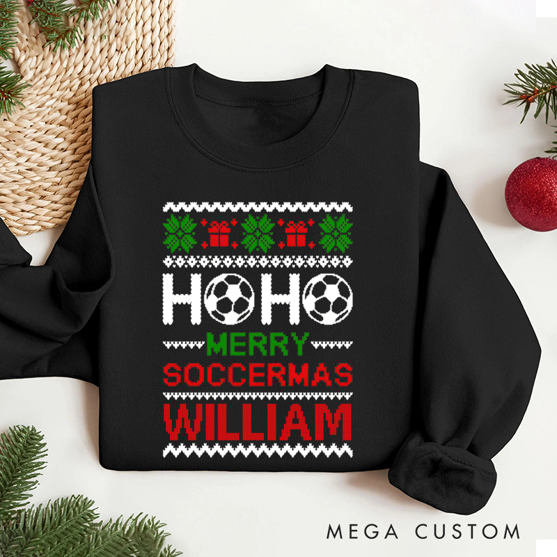 Personalized Soccer Christmas Sweatshirt with Festive Design and Custom Name